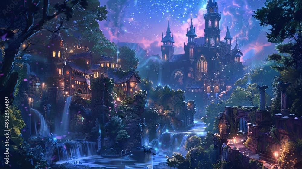 Fototapeta premium Enchanted Nighttime Castle with Cascading Waterfalls