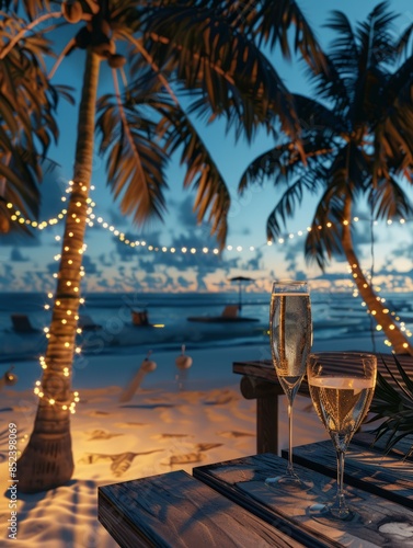New year's eve christmas party on a beach, tropical resort, hotel, beach bar, restaurant party, event. Champaigne and cocktails, sea, ocean in the background, panoramic. Generative AI. photo