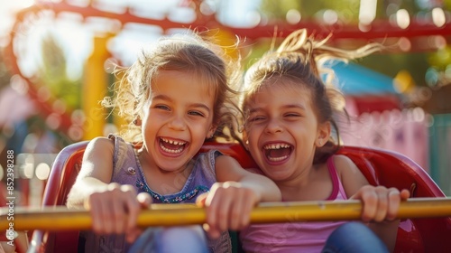 Two happy kids having fun on a roller coaster at an amusement park © BogdanNikolic