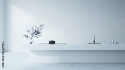 A minimalist kitchen with a floating breakfast bar featuring a built-in smart induction cooktop, hidden storage compartments, and wireless charging pads for gadgets, set against a solid snow white bac photo