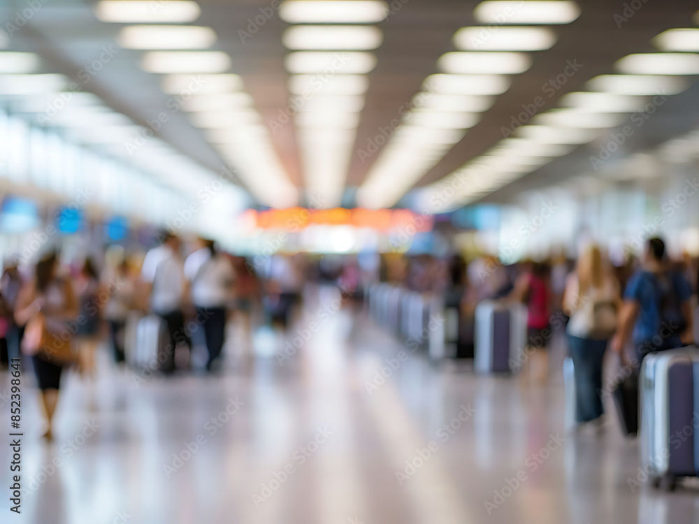 A blurred , bokeh busy urban scene with travelers hurrying through a brightly lit airport terminal, a subway station, and a crowded underground train A blurred , bokeh busy urban scene with travelers hurrying through a brightly lit airport terminal, a subway station, and a crowded underground train