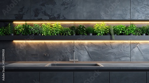 A modern kitchen featuring a smart countertop garden with integrated LED grow lights, automated watering system, and a digital interface for monitoring plant health, set against a solid slate grey bac photo