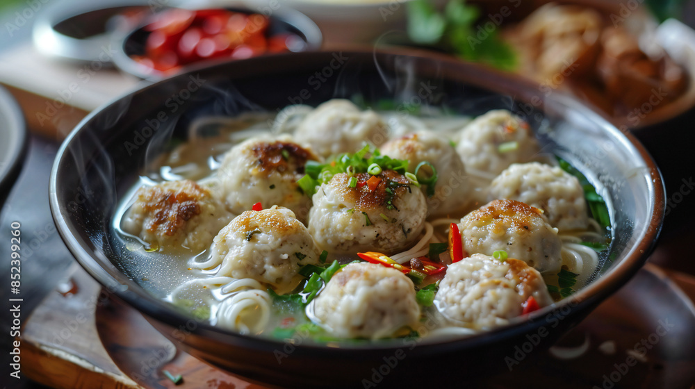 close up Bakso. Indonesian meatball served with soup, noodle and vegetable. Selective focus close up Bakso. Indonesian meatball served with soup, noodle and vegetable. Selective focus