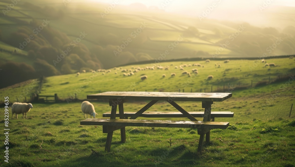 Fototapeta premium A wooden picnic table sits in a grassy field with a few sheep grazing nearby