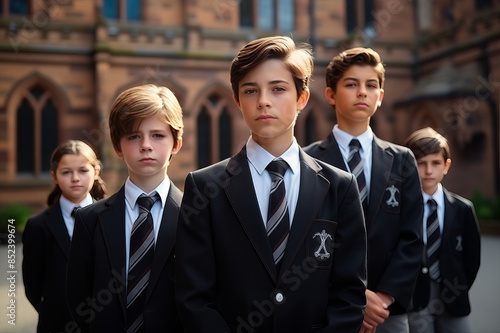 Prep School Students in Uniforms with Historic School Building Background, Photorealistic and Formal