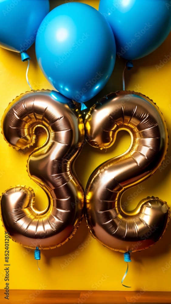 The photo shows two balloons with a beautiful gold foil string in the shape of the number The photo shows two balloons with a beautiful gold foil string in the shape of the number