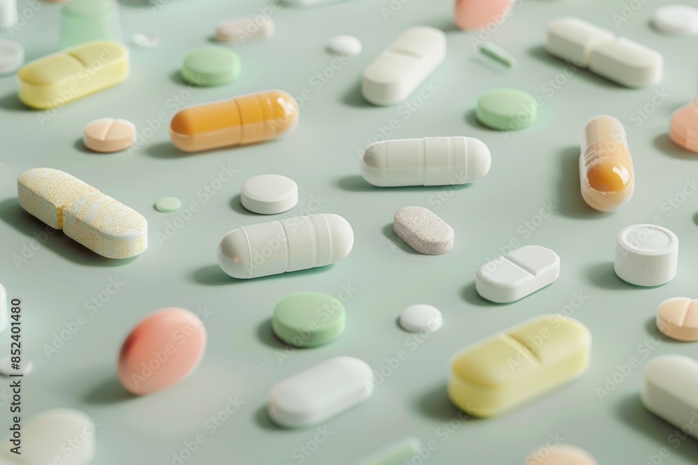 Various pills and capsules neatly arranged on a neutral background, healthcare and medicine Various pills and capsules neatly arranged on a neutral background, healthcare and medicine