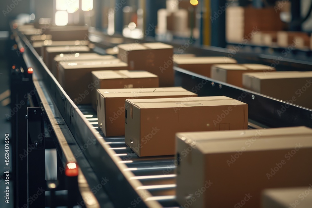 Closeup of multiple cardboard box packages seamlessly moving along a conveyor belt in a warehouse fulfillment center, a snapshot of e-commerce, delivery, automation, and products. Closeup of multiple cardboard box packages seamlessly moving along a conveyor belt in a warehouse fulfillment center, a snapshot of e-commerce, delivery, automation, and products.
