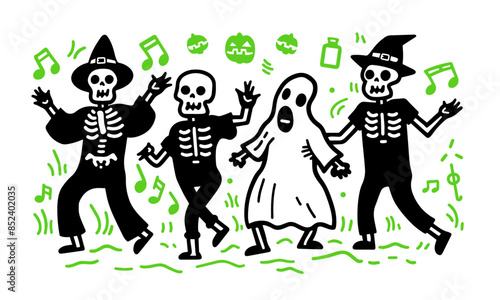 ハロウィンの仮装をした人たちが踊っている可愛いシンプルな落書きベクターイラスト