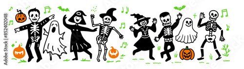ハロウィンの仮装をした人たちが踊っている可愛いシンプルな落書きベクターイラスト
