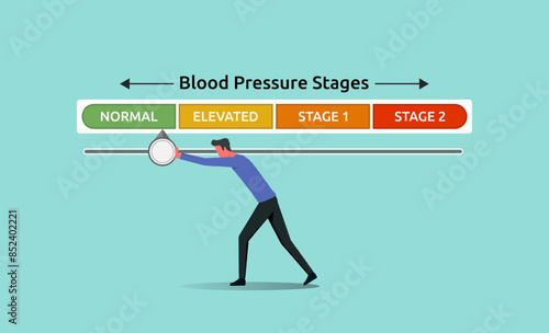 Blood pressure stages. A man pushes indicator to normal readings. Blood pressure monitor
