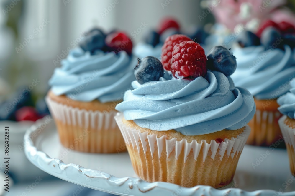 Elegant blue frosted cupcakes with fresh berries, perfect for celebrations and dessert tables. Elegant blue frosted cupcakes with fresh berries, perfect for celebrations and dessert tables.