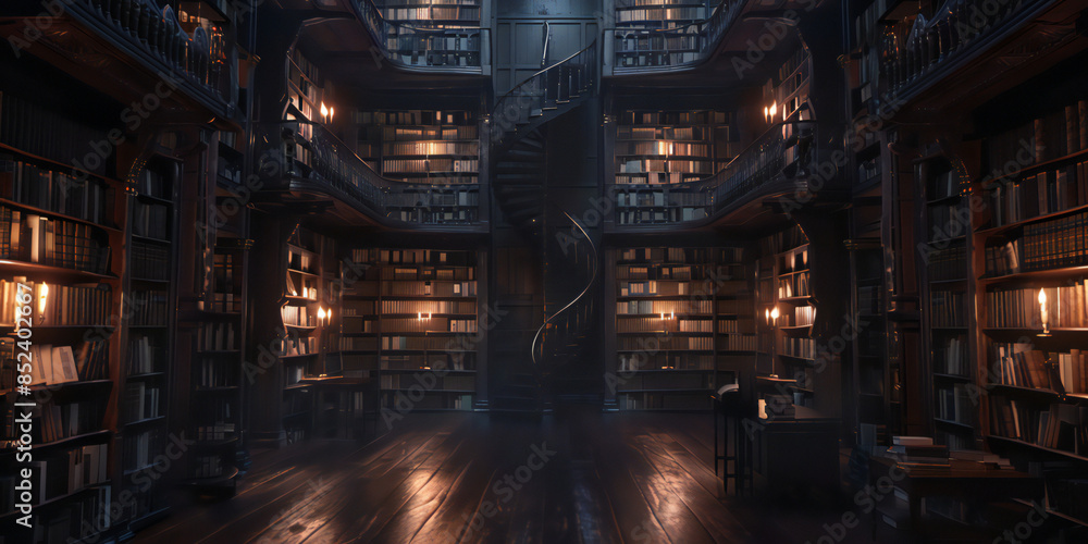 2d background ancient library with tall bookshelves filled with dusty tomes, a spiral staircase, candlelight illuminating the room, and a mysterious aura