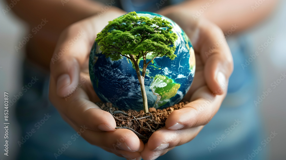 Illustration of Hands Holding Earth with Tree - Environmental Concept Illustration of Hands Holding Earth with Tree - Environmental Concept