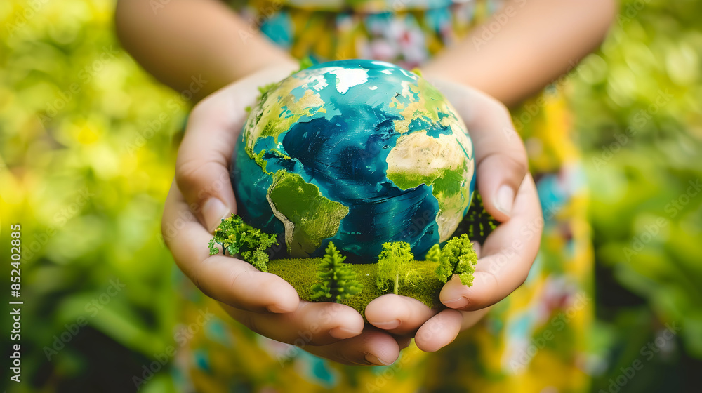 Child Holding Earth Globe in Hands Realistic Image Child Holding Earth Globe in Hands Realistic Image