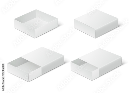 Closed, open empty cardboard box slider. White gift packaging mockup on a white background.