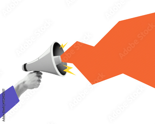 Halftone megaphone, loudspeaker in hand. Advertising speaker with lightning, collage in retro style.
