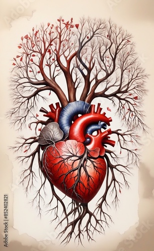 Human heart health concept as a symbol for growing a body organ and the veins and arteries of the circulatory system as a body part shaped as tree roots and branches as a medical metaphor for life