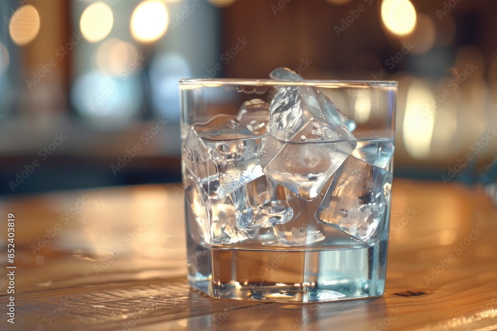 A glass filled with ice cubes sitting on top of a wooden table A glass filled with ice cubes sitting on top of a wooden table