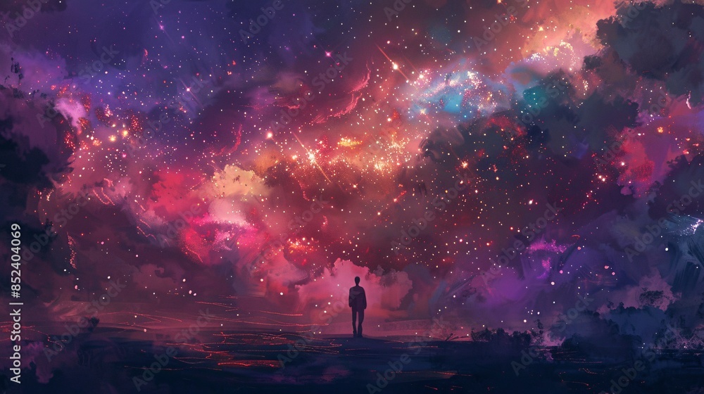 Silhouette of a Man Against a Vibrant Cosmic Background Silhouette of a Man Against a Vibrant Cosmic Background