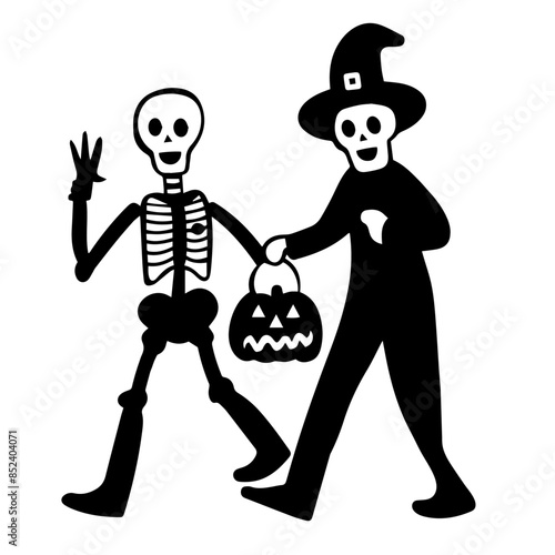 ハロウィンの仮装をして並んで歩く人々の愛いシンプルな落書きベクターイラスト