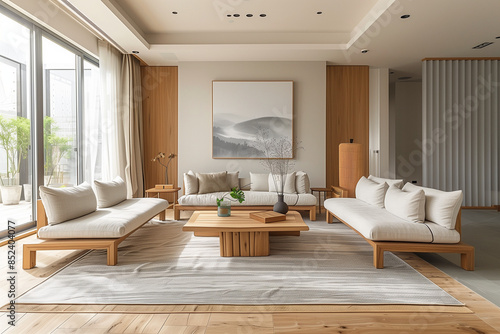 Spacious minimalist living room with functional furniture, soft gray color palette, abundant natural light, and smooth wood textures creating a calming and clutter-free atmosphere.