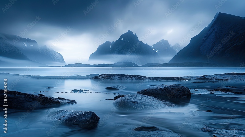 Fototapeta premium The serene landscapes of the Lofoten Islands in Norway, with dramatic mountain peaks