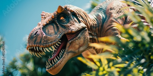A close up of a dinosaurs head with sharp teeth and bright eyes in a lush green park