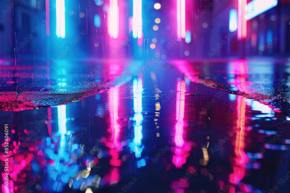 Obraz premium Multi-colored neon lights on a dark city street, reflection of neon light in puddles and water. Abstract night background, blurred bokeh light. Night view colorful