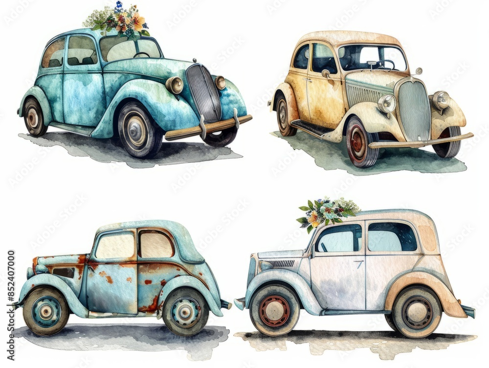 Fototapeta premium Set of hand drawn watercolor wedding car isolated on background.
