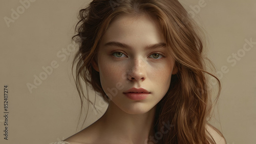 Wallpaper Mural Elegant Brunette Woman with Long Wavy Hair in White Top, Serene Expression Torontodigital.ca