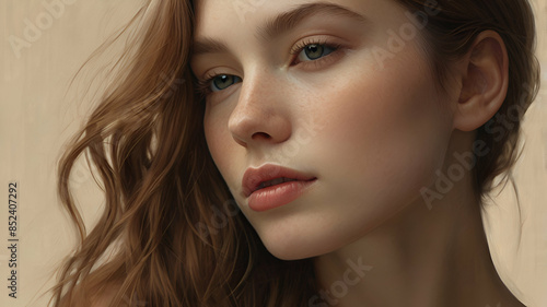 Wallpaper Mural Elegant Brunette Woman with Long Wavy Hair in White Top, Serene Expression Torontodigital.ca