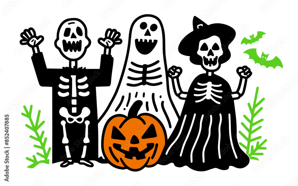 ハロウィンの仮装をした人たちが驚かすポーズをとっている可愛いシンプルな落書きベクターイラスト ハロウィンの仮装をした人たちが驚かすポーズをとっている可愛いシンプルな落書きベクターイラスト