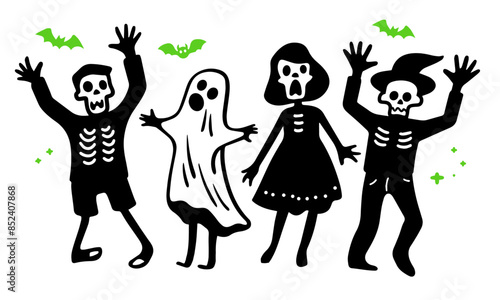 ハロウィンの仮装をした人たちが驚かすポーズをとっている可愛いシンプルな落書きベクターイラスト