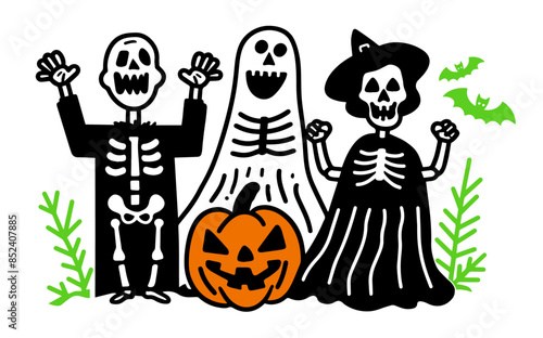 ハロウィンの仮装をした人たちが驚かすポーズをとっている可愛いシンプルな落書きベクターイラスト