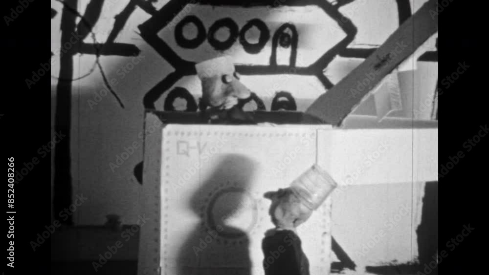 Film archive, funny plasticine men stop motion animation. Weird little aliens friends, retro puppet cartoons. Creative animated artwork. Surreal friendship. Vintage black white movie. Retro 1980s