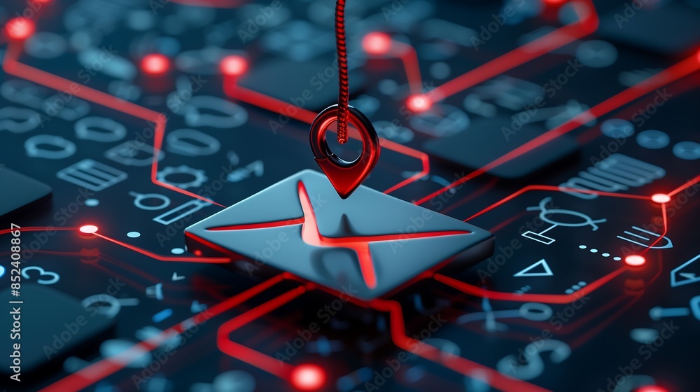 Email icon caught on hook over digital circuit board, symbolizing phishing and cybersecurity threats. Online fraud and digital security concept Email icon caught on hook over digital circuit board, symbolizing phishing and cybersecurity threats. Online fraud and digital security concept
