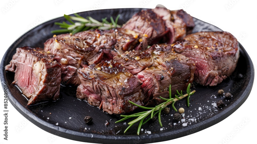 Beef fillet strips of roasted meat on a black plate against a white background Beef fillet strips of roasted meat on a black plate against a white background