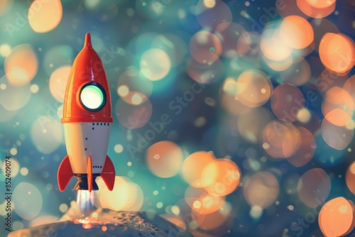 A playful toy rocket stands ready for an imaginary journey, set against a magical, colorful bokeh background. © Mamstock