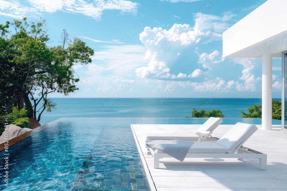 Fototapeta premium Sea view.Luxury modern white beach hotel with swimming pool. Sunbed on sundeck for vacation home or hotel