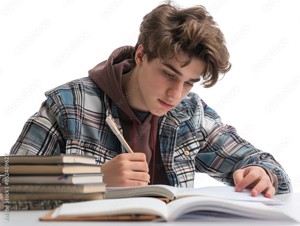 A young man is sitting at a desk with a stack of books and a notebook A young man is sitting at a desk with a stack of books and a notebook