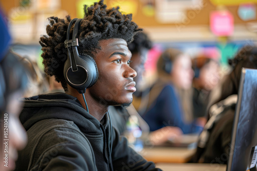 A young man wearing headphones sits at a computer in a classroom. He is looking off to the side, seemingly engrossed in his work