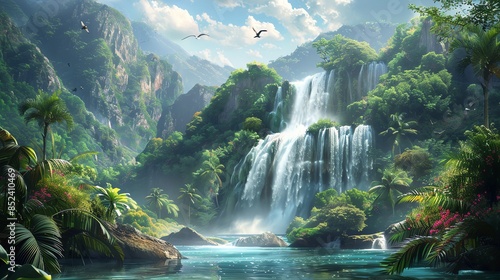 A majestic waterfall in the heart of a tropical jungle, crystal-clear water, vibrant flora, exotic birds flying in the background, serene atmosphere