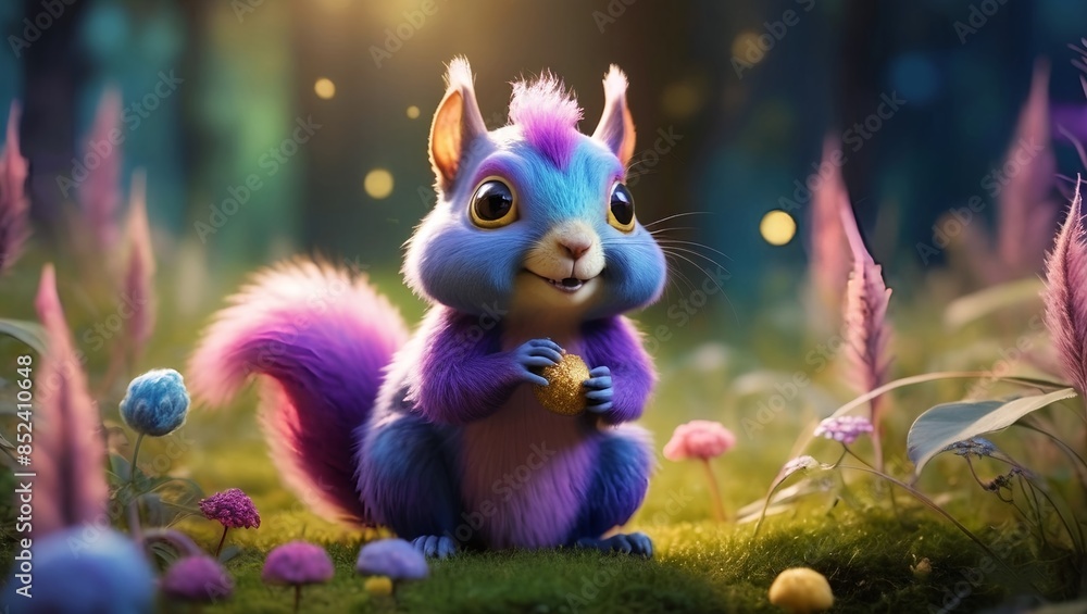 squirrel in the park anime illustration of a cute, colorful squirrel with cute monster look with a mix of blue, purple, pink, and yellows adorning its fur squirrel in the park anime illustration of a cute, colorful squirrel with cute monster look with a mix of blue, purple, pink, and yellows adorning its fur