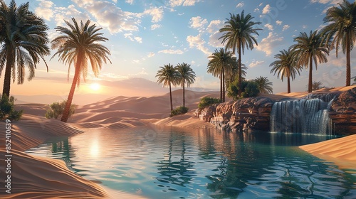 A tranquil desert oasis with a waterfall, palm trees surrounding a crystal-clear pool, the sun setting behind sand dunes, a serene and peaceful scene