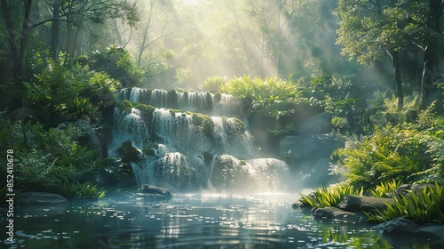 A tranquil forest scene with a cascading waterfall, lush greenery surrounding, soft sunlight filtering through the trees, mist rising from the water surface photo