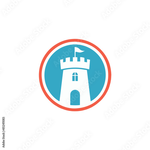 Illustration of a Fortress and Flag Logo within a Circular Frame