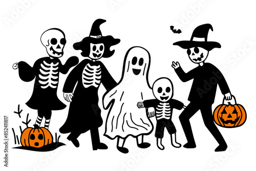 ハロウィンの仮装をして並んで歩く人々の愛いシンプルな落書きベクターイラスト