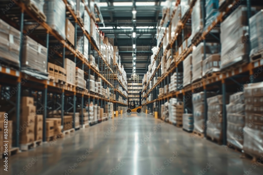 Retail warehouse full of shelves with goods in cartons, with pallets and forklifts. Logistics and transportation blurred background. Product distribution center Retail warehouse full of shelves with goods in cartons, with pallets and forklifts. Logistics and transportation blurred background. Product distribution center