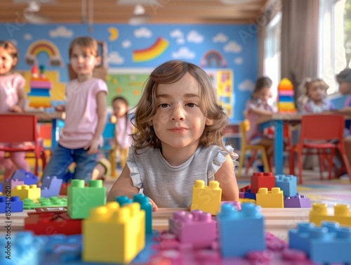 Adorable children in a diverse kindergarten class, learning and playing with colorful blocks.